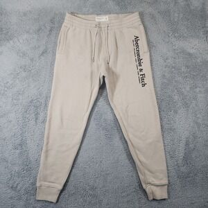 Abercrombie & Fitch Fleece Joggers Mens M Beige Logo Graphic Soft A&F Sweatpants
